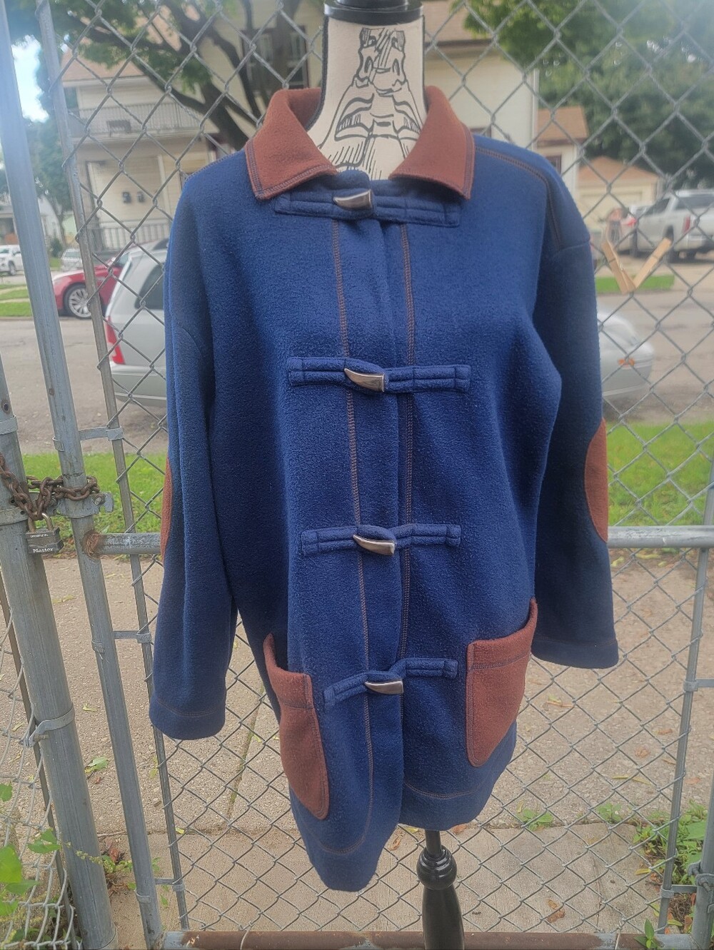 Vintage Diane von Furstenberg DVF Fleece Toggle Barn Coat Blue Brown M